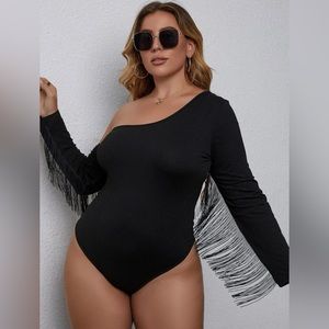 Plus Asymmetrical Neck Fringe Trim Bodysuit